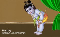 there is a painting of a baby on the curtain with words happy karshnna janmastammi