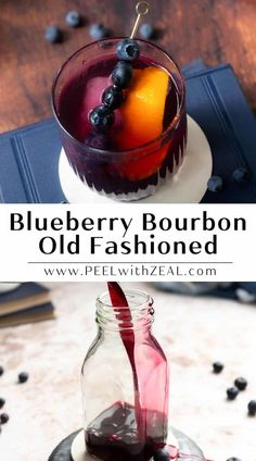 blueberry bourbon old fashioned cocktail in a glass jar with berries on the side and text overlay