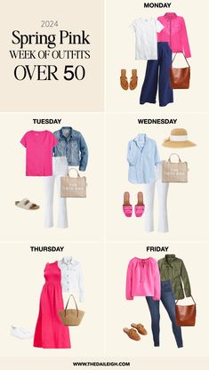 What to wear over 50 Floral Spring Dresses, Pink Blouses Outfit, Pink Wardrobe, Stylish Spring Outfit, Week Outfits, Spring Summer Capsule Wardrobe