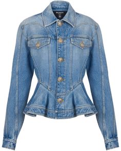 Balmain Ruffled Denim Jacket in Bleu Collar Long sleeves; button cuffs Button down front closure Chest flap pockets; button fastening Gold and silver tone statement buttons Peplum silhouette Slim through waist Denim fabrication 100% cotton Made in Italy Ruffled Denim Jacket, Balmain Jacket, Moda Denim, Denim Outfits, Ruffle Jacket, All Jeans, Peplum Jacket, Blazer Jeans, Trendy Swimwear