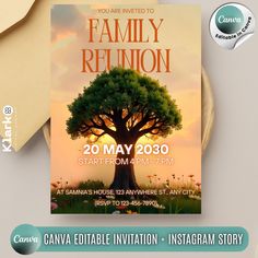 a flyer for a family reunion with an image of a tree on the front and back