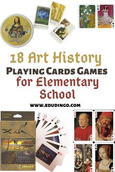 an advertisement for playing cards games for elementary school, with pictures of people in the background