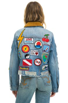 VINTAGE PATCH UNISEX CROP DENIM JACKET - SUPER LIGHT - Aviator Nation Long Sleeve Denim Jacket With Patches, Denim Jacket With Patches Long Sleeve, Denim Outerwear With Patches, Retro Denim Jacket With Patches, Luxury Long Sleeve Denim Jacket With Patches, Crop Denim Jacket, Aviator Nation, Creative Services, Vintage Patches