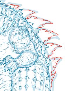 a blue and white drawing of a godzilla