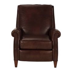 a brown leather recliner chair with wooden legs and arm rests on an isolated white background