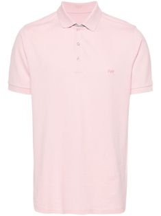 salmon pink cotton blend piqué weave embroidered logo at the chest polo collar front button placket short sleeves short side slits straight hem Classic Pink Collared Top, Classic Pink Tops With Collared Neckline, Classic Pink Collared Polo Shirt, Classic Pink Polo Shirt, Fitted Pink Polo Shirt With Short Sleeves, Classic Pink T-shirt For Summer, Pink Short Sleeve Tops With Placket, Fitted Pink Polo Collar T-shirt, Classic Fitted Pink Polo Shirt