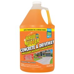 Krud Kutter Concrete and Driveway Pressure Washer Concentrate is an environmentally friendly cleaner with superior performance, excels at removing grease, oil, dirt and algae/mildew stains. Use on concrete, brick, masonry, asphalt, driveways, patios, sidewalks, garage and basement floors to create a clean surface. Biodegradable formula contains Oil Grabber, a unique additive which penetrates the surface to dissolve and lift tough stains. Cost effective concentrated formula makes up to 20 gallons and cleans up to 5800 sq ft. Fast acting: sprays on, washes off and is safe for use around people, pets and plants. Bleach-free cleaner contains anti-corrosive agents to safeguard pressure washer parts. For best results, apply from bottom up on vertical surfaces, wait a few minutes and rinse thorou Remove Oil From Concrete, Cleaning Concrete Driveway, Basement Floors, Krud Kutter, Cozy Cottage Kitchen, Clean Concrete, Washer Cleaner, Mildew Stains, Brick Masonry