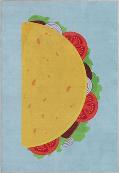 a drawing of a taco with tomatoes and lettuce on it, against a blue background