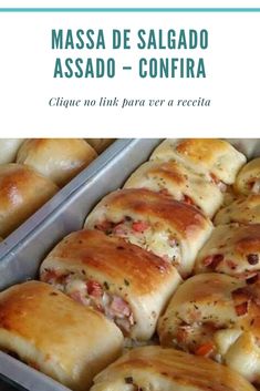 several different types of breads in pans with the words massa de salgado assado - confira