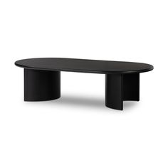 an oval table with black legs and a curved top, in front of a white background