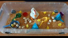 a plastic container filled with lots of food next to eggs and other things in it