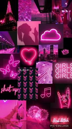 pink and black collage with various neon signs