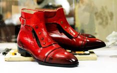 Handmade Leather Button Top Buckle Boots, Bespoke Red Dress Formal Boots, Men's Goodyear Welted Ankle High Zipper Boots Condition New With Box Material Leather  Colour Red (Customizable) Inner Material Leather Lining Sole Leather Style Button Top Buckle Zipper Boots Handling 7 to 10 days Red Dress Formal, Formal Boots, Black Boots Men, Mens Leather Loafers, Mens Dress Boots, Black Cowboy Boots, Leather Formal Shoes, Casual Ankle Boots, High Ankle Boots