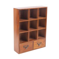 a wooden bookcase with four drawers on one side and two doors on the other