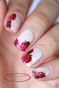 Strawberry nail art. Strawberry Nail Art, Feather Nail, Fruit Nail Art, Floral Makeup, Fall Nail Art Designs, Nagel Tips, Winter Mood, Manicure Ideas, Fall Nail Art