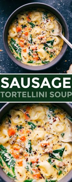 two bowls of sausage tortellini soup with spinach and carrots in them