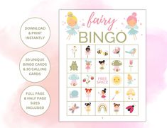 a printable fairy party game with the words fairy bingo on it and images of princesses