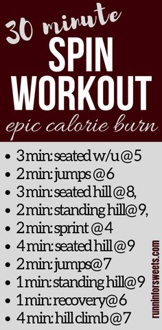 the 30 minute spin workout for beginners is shown in red and white, with instructions to