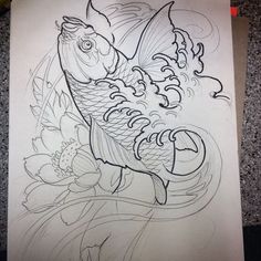 a drawing of a koi fish with flowers on it's back and side