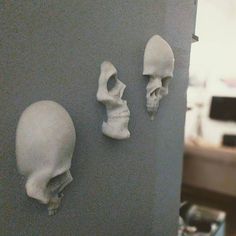 there are three fake skulls on the wall