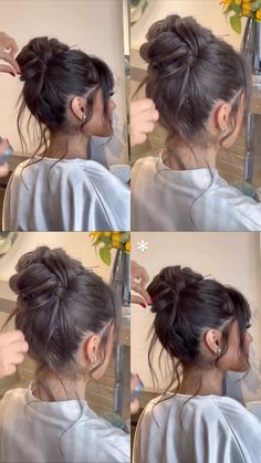 Bun Wedding Guest Hairstyles, Updos For Open Back Dresses, Middle Part Updo Wedding, High Messy Bun Wedding Hair, Up Hair Dos, High Bun Updo, Ponytail Bridal Hair, Messy Braided Hairstyles, Bridesmaid Hairdo