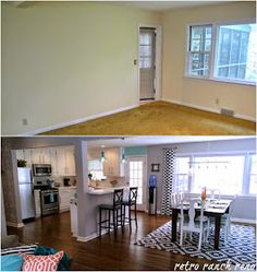 before and after pictures of a kitchen, dining room and living room in an apartment