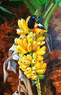 a painting of a bird sitting on top of bunches of bananas with leaves around it