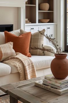 a living room filled with furniture and a fire place next to a book shelf on top of a wooden table