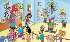 a group of people standing in a room filled with toys and stuff on the floor