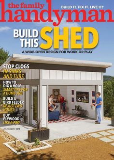 the front cover of handyman build this shed, featuring people in their own house