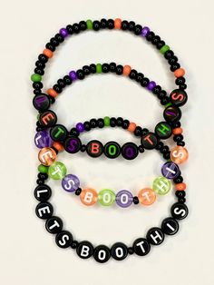 This Halloween party, Let's Boo This! Choose from three different styles of not so spooky fun. Translucent color letters, black and white letters, and black and color letter beads are a perfect way to show some theme park style at the next not so scary!  Bracelets are available in a variety of lengths.  Pick your custom length from the drop down menu below.  All our bracelets are made with quality in mind.  With that being said, all bracelets should be treated with care while putting on, wearing Oogie Boogie Bracelet, Halloween Horror Nights Friendship Bracelets, Halloween Diy Bracelets, Friendship Bracelets Halloween, Halloween Horror Nights Bracelets, Halloween Kandi Bracelets, Halloween Beaded Bracelet, Halloween Friendship Bracelet, Halloween Bracelet Ideas