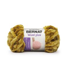 bernat velvet plus yarn in yellow and pink, on a white background with the text below it