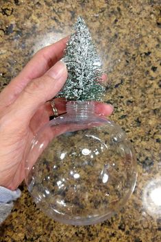 a hand holding a small christmas tree in a glass ornament on a granite counter top