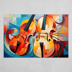 an abstract painting with two violin's and music notes on the back side of it