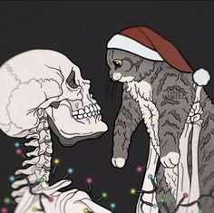 a cat standing next to a skeleton wearing a santa hat