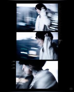 three different shots of the same person in white clothing and black hair, one is blurry