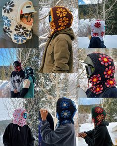 many different images of people in the snow wearing hats and scarves with flowers on them