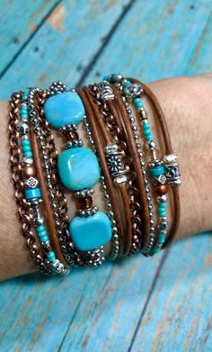 Turquoise Leather Wrap Bracelet Boho Style Mermaid Blue - Etsy Romania Boho Bracelets Diy, Wrap Armband, Turquoise Leather, Beaded Wrap Bracelets, Bracelet Boho, Beaded Wraps, Bracelet Tutorial, Leather Wrap Bracelet, Boho Bracelets