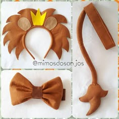 four pictures of different types of animal ears and bows, including one with a crown on it