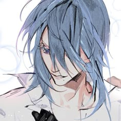 an anime character with blue hair and black gloves