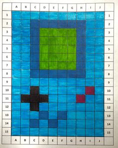 a blue and green square with numbers on it