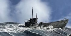 a boat in the middle of an ocean with waves coming up on it's side