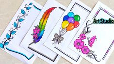 four cards with balloons and flowers on them