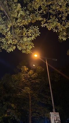 the street light shines brightly in the dark night sky above some trees and bushes