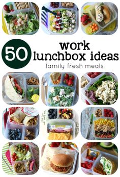 the cover of the book 50 work lunchbox ideas for family fresh meals is shown