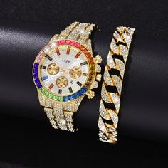 Luxury Diamond Watch Bracelet Set Women Party Anniverssary Jewelry Gold Party Watches With Bracelet Strap, Multicolor Watches With Bracelet Strap As Gift, Multicolor Bracelet Strap Watch As Gift, Party Watches With Bracelet Strap And Round Dial, Gift Watches With Bracelet Strap, Party Watch With Bracelet Strap, Adjustable Bracelet Strap Watch For Party, Gold Party Watch, Party Watches With Bracelet Strap