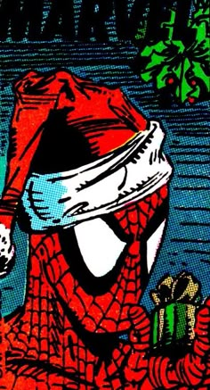 an image of a spider man with a hat on his head holding a present box