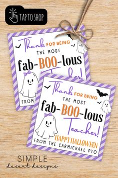 two printable halloween tags with the words fab boo - louis and happy halloween written on them