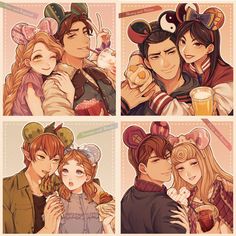 four different pictures of people with mickey ears on their heads, one is holding a drink and the other two are eating donuts