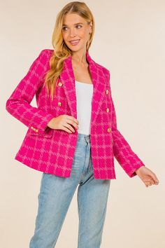 Baggy Blazer, Pink Plaid Pattern, Hot Pink Outfit, Pink Tweed Jacket, Chic Blazer, Pink Tweed, Shiny Dresses, Blazer Style, Blazer Outfit